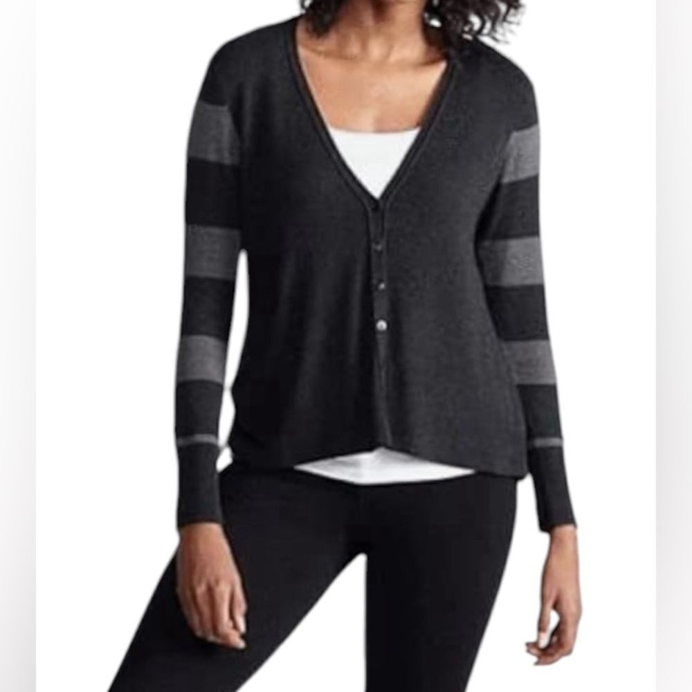 Eileen Fisher Gray Striped V-Neck Cardigan Sweater Size Small Msrp 278.00